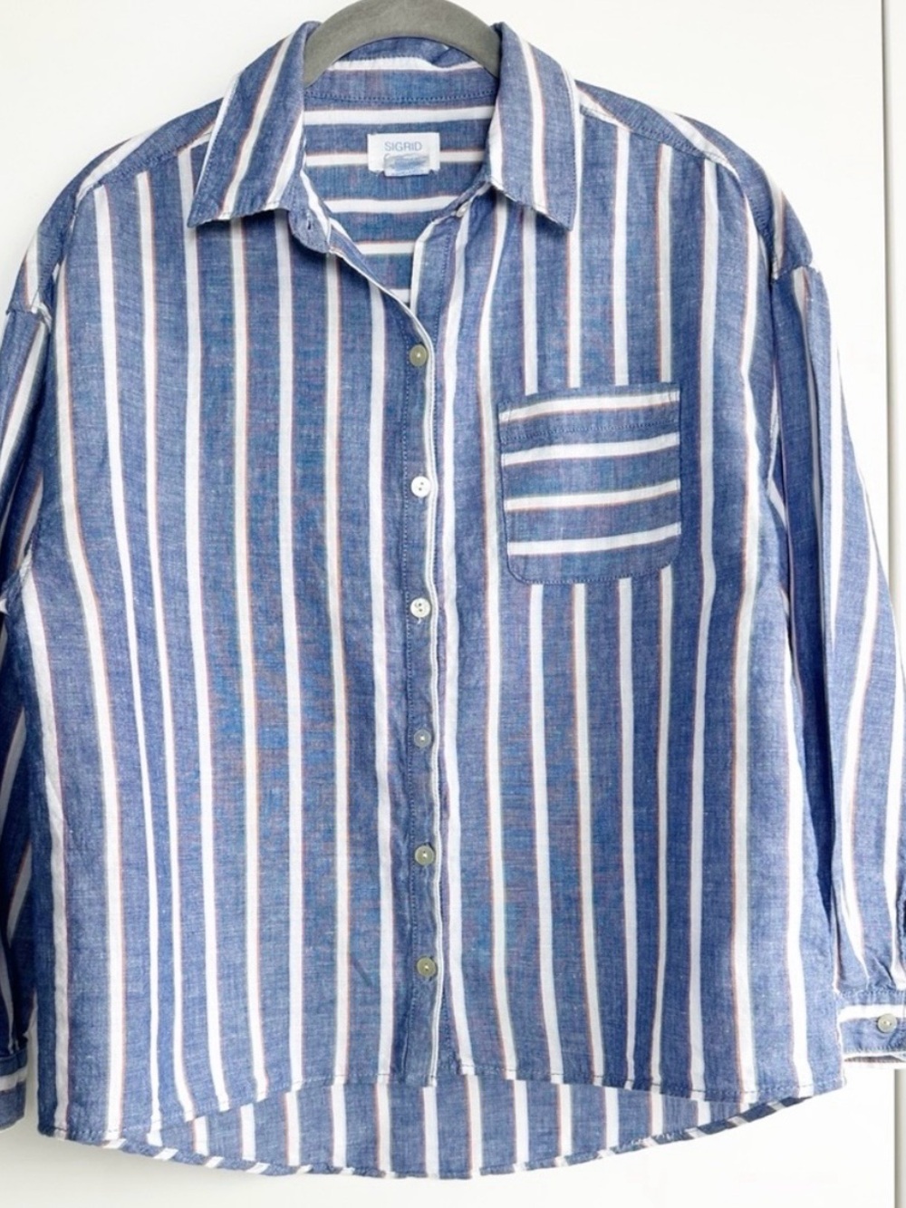 Sigrid Olsen Blue White Striped Button down Linen Blend Ladies Shirt-Size Small